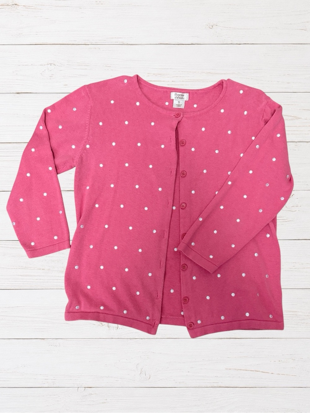 Vintage 90s Baxter & Wells Pink Polka Dot Cotton Cardigan Sweater Small Y2K